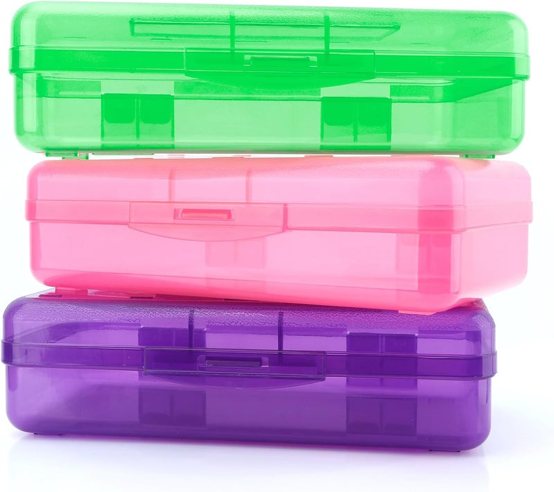 BOEIAC Pencil Case, Pencil Box, Large Pencil Case, 3 Pack Clear Pencil Case, Plastic Pencil Box, Crayon Box, Pink Purple Green Pencil Case, Hard Pencil Case for Kids, Plastic Storage Box for Office Supplies - Image 1